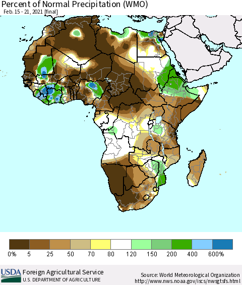 Africa Percent of Normal Precipitation (WMO) Thematic Map For 2/15/2021 - 2/21/2021