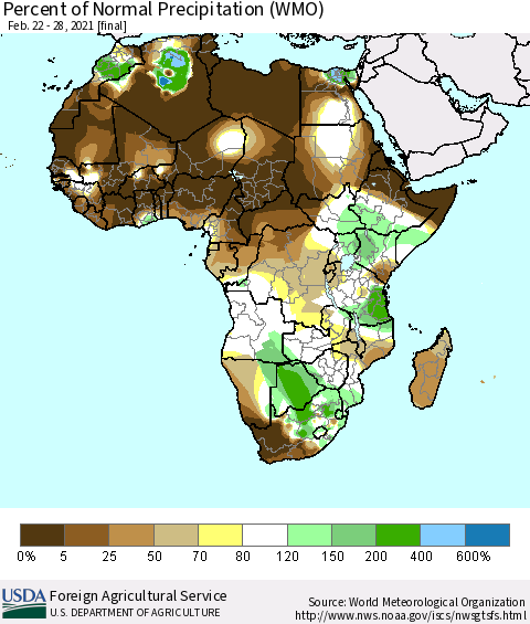 Africa Percent of Normal Precipitation (WMO) Thematic Map For 2/22/2021 - 2/28/2021