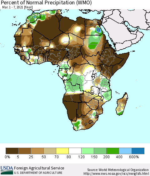 Africa Percent of Normal Precipitation (WMO) Thematic Map For 3/1/2021 - 3/7/2021