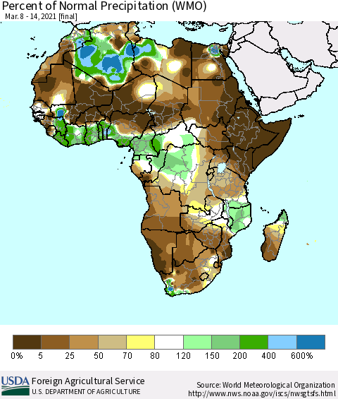 Africa Percent of Normal Precipitation (WMO) Thematic Map For 3/8/2021 - 3/14/2021