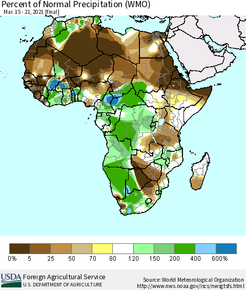 Africa Percent of Normal Precipitation (WMO) Thematic Map For 3/15/2021 - 3/21/2021