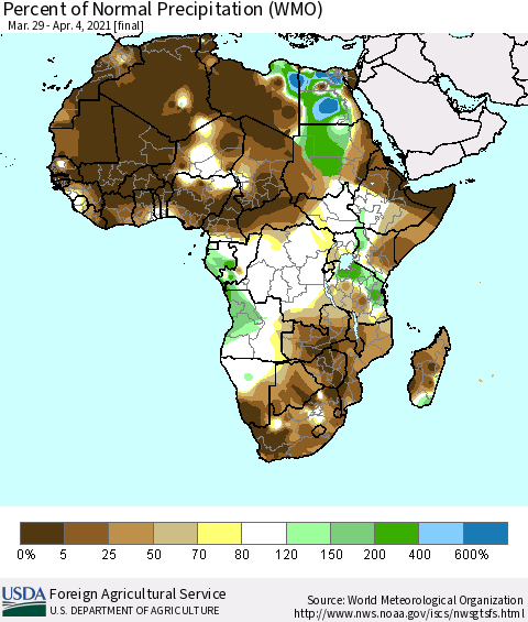 Africa Percent of Normal Precipitation (WMO) Thematic Map For 3/29/2021 - 4/4/2021