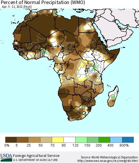 Africa Percent of Normal Precipitation (WMO) Thematic Map For 4/5/2021 - 4/11/2021