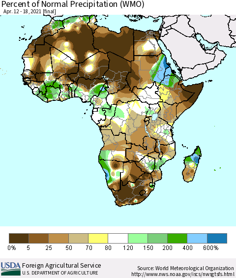 Africa Percent of Normal Precipitation (WMO) Thematic Map For 4/12/2021 - 4/18/2021