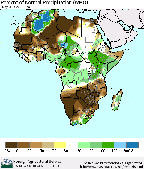 Africa Percent of Normal Precipitation (WMO) Thematic Map For 5/3/2021 - 5/9/2021