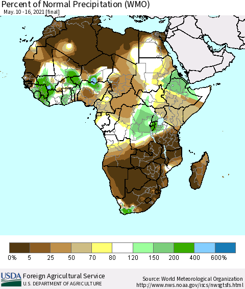 Africa Percent of Normal Precipitation (WMO) Thematic Map For 5/10/2021 - 5/16/2021