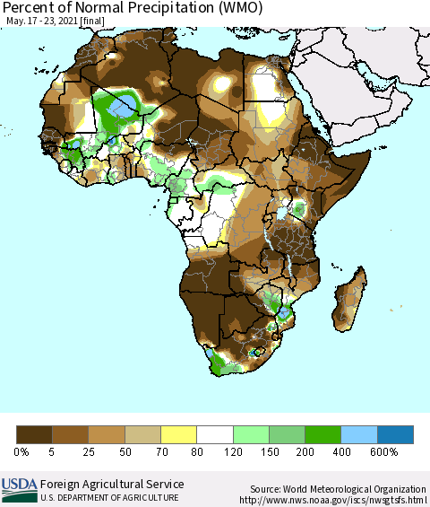 Africa Percent of Normal Precipitation (WMO) Thematic Map For 5/17/2021 - 5/23/2021