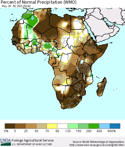 Africa Percent of Normal Precipitation (WMO) Thematic Map For 5/24/2021 - 5/30/2021