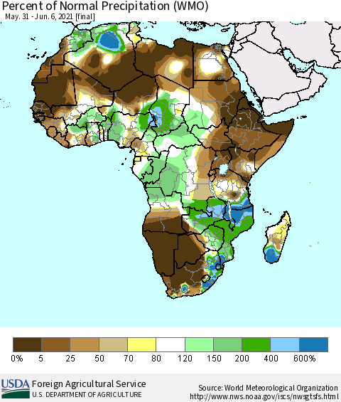 Africa Percent of Normal Precipitation (WMO) Thematic Map For 5/31/2021 - 6/6/2021