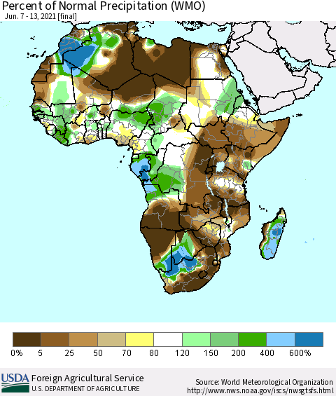 Africa Percent of Normal Precipitation (WMO) Thematic Map For 6/7/2021 - 6/13/2021