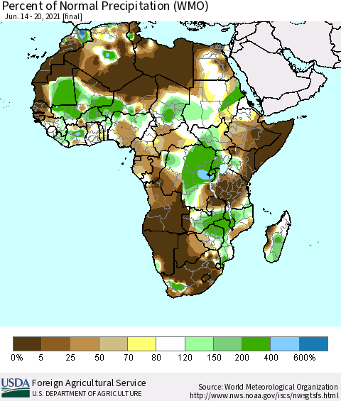 Africa Percent of Normal Precipitation (WMO) Thematic Map For 6/14/2021 - 6/20/2021