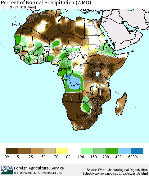Africa Percent of Normal Precipitation (WMO) Thematic Map For 6/21/2021 - 6/27/2021