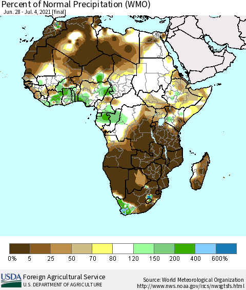 Africa Percent of Normal Precipitation (WMO) Thematic Map For 6/28/2021 - 7/4/2021