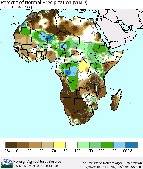 Africa Percent of Normal Precipitation (WMO) Thematic Map For 7/5/2021 - 7/11/2021
