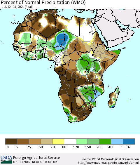 Africa Percent of Normal Precipitation (WMO) Thematic Map For 7/12/2021 - 7/18/2021