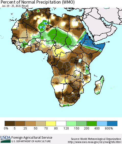 Africa Percent of Normal Precipitation (WMO) Thematic Map For 7/19/2021 - 7/25/2021