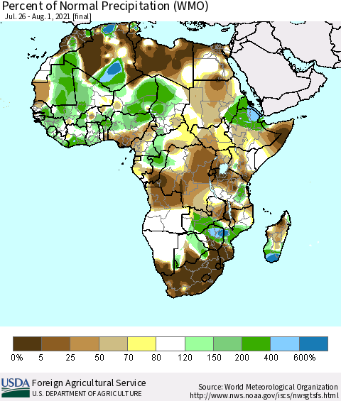 Africa Percent of Normal Precipitation (WMO) Thematic Map For 7/26/2021 - 8/1/2021