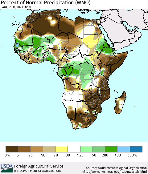 Africa Percent of Normal Precipitation (WMO) Thematic Map For 8/2/2021 - 8/8/2021