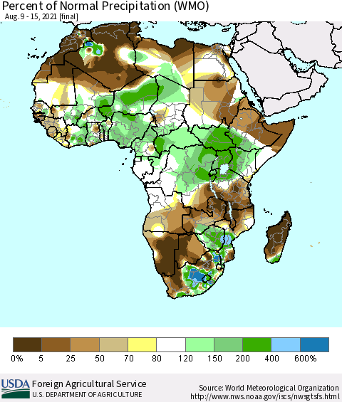 Africa Percent of Normal Precipitation (WMO) Thematic Map For 8/9/2021 - 8/15/2021