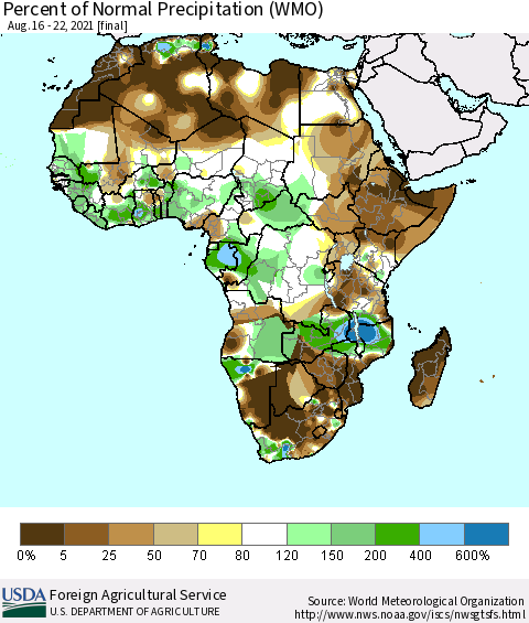 Africa Percent of Normal Precipitation (WMO) Thematic Map For 8/16/2021 - 8/22/2021