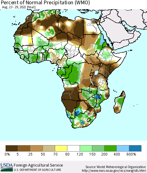 Africa Percent of Normal Precipitation (WMO) Thematic Map For 8/23/2021 - 8/29/2021