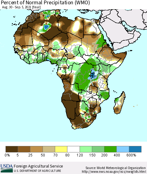 Africa Percent of Normal Precipitation (WMO) Thematic Map For 8/30/2021 - 9/5/2021