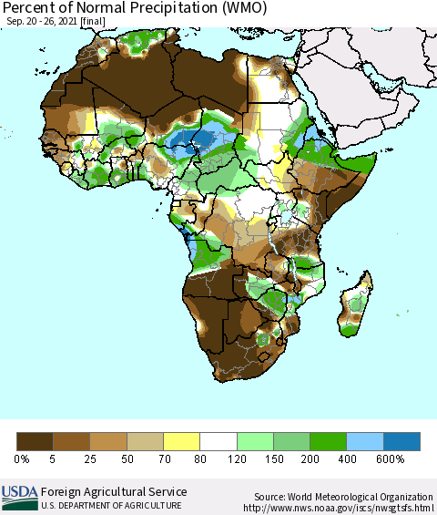 Africa Percent of Normal Precipitation (WMO) Thematic Map For 9/20/2021 - 9/26/2021