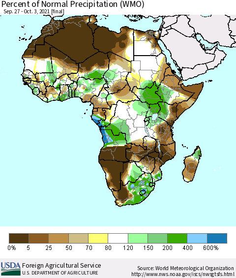 Africa Percent of Normal Precipitation (WMO) Thematic Map For 9/27/2021 - 10/3/2021