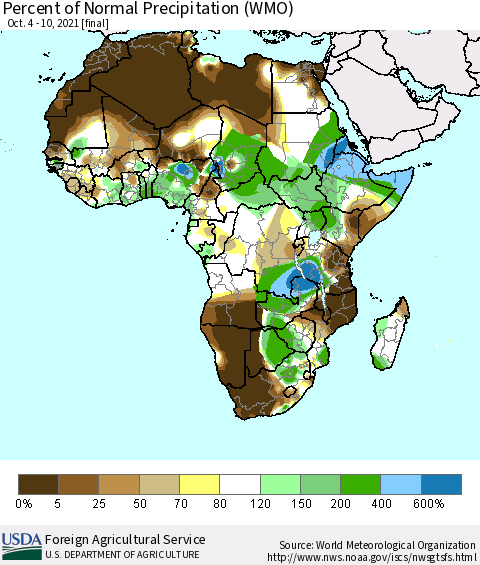 Africa Percent of Normal Precipitation (WMO) Thematic Map For 10/4/2021 - 10/10/2021