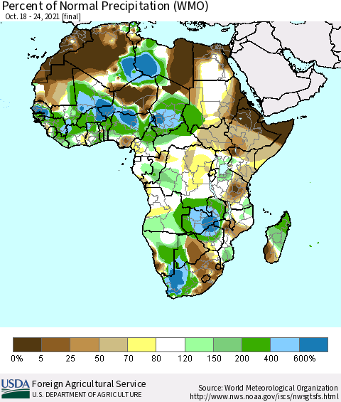 Africa Percent of Normal Precipitation (WMO) Thematic Map For 10/18/2021 - 10/24/2021