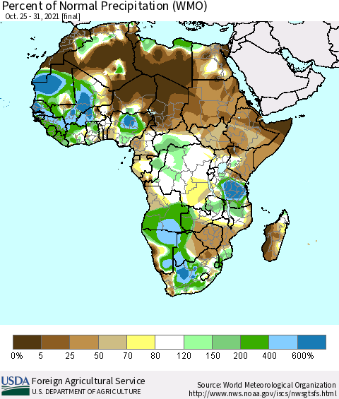 Africa Percent of Normal Precipitation (WMO) Thematic Map For 10/25/2021 - 10/31/2021
