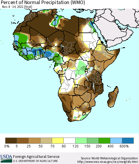 Africa Percent of Normal Precipitation (WMO) Thematic Map For 11/8/2021 - 11/14/2021