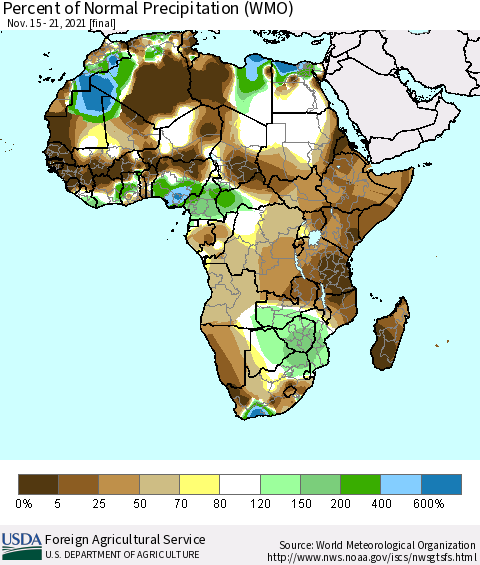Africa Percent of Normal Precipitation (WMO) Thematic Map For 11/15/2021 - 11/21/2021