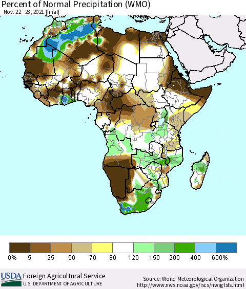 Africa Percent of Normal Precipitation (WMO) Thematic Map For 11/22/2021 - 11/28/2021