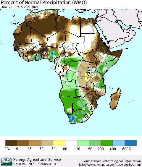 Africa Percent of Normal Precipitation (WMO) Thematic Map For 11/29/2021 - 12/5/2021