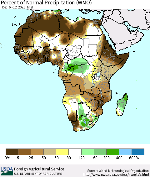 Africa Percent of Normal Precipitation (WMO) Thematic Map For 12/6/2021 - 12/12/2021