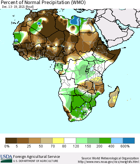 Africa Percent of Normal Precipitation (WMO) Thematic Map For 12/13/2021 - 12/19/2021