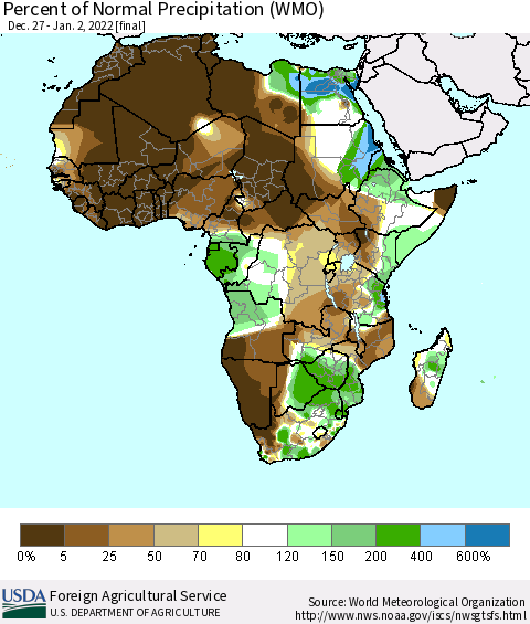 Africa Percent of Normal Precipitation (WMO) Thematic Map For 12/27/2021 - 1/2/2022