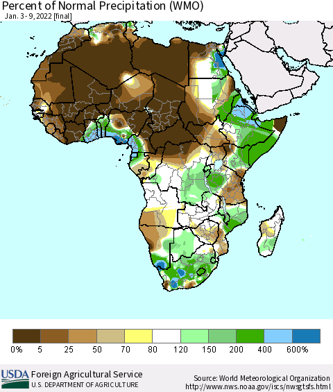 Africa Percent of Normal Precipitation (WMO) Thematic Map For 1/3/2022 - 1/9/2022