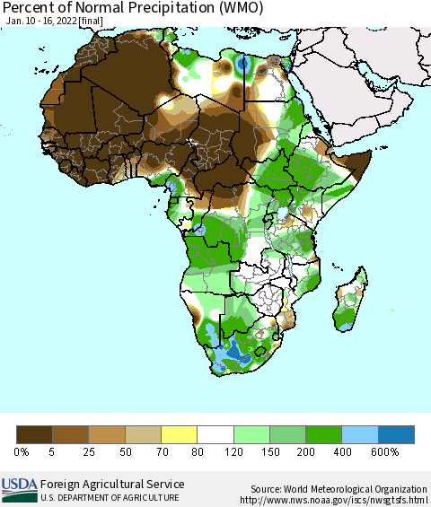 Africa Percent of Normal Precipitation (WMO) Thematic Map For 1/10/2022 - 1/16/2022