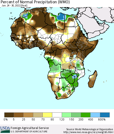 Africa Percent of Normal Precipitation (WMO) Thematic Map For 1/24/2022 - 1/30/2022