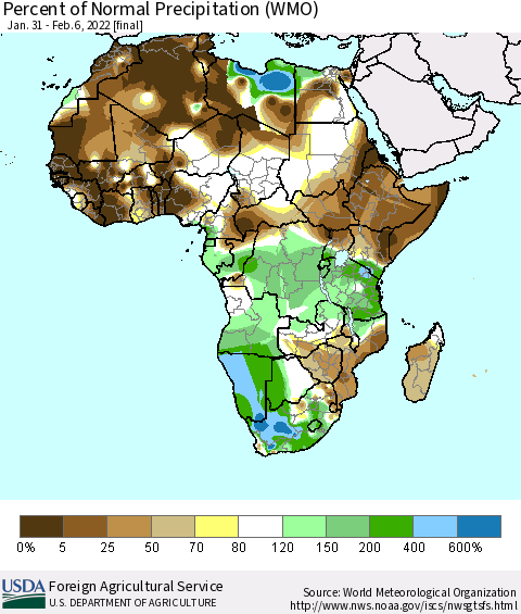 Africa Percent of Normal Precipitation (WMO) Thematic Map For 1/31/2022 - 2/6/2022