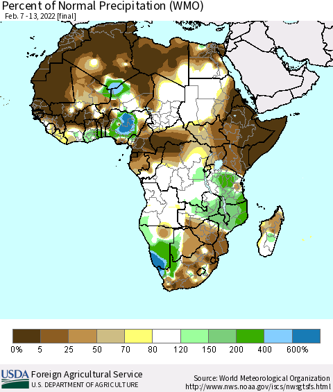 Africa Percent of Normal Precipitation (WMO) Thematic Map For 2/7/2022 - 2/13/2022