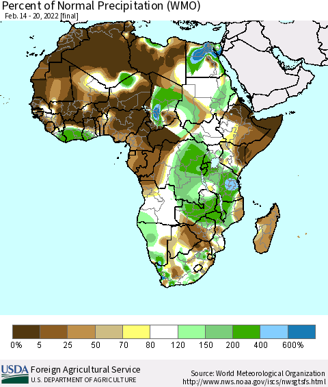 Africa Percent of Normal Precipitation (WMO) Thematic Map For 2/14/2022 - 2/20/2022