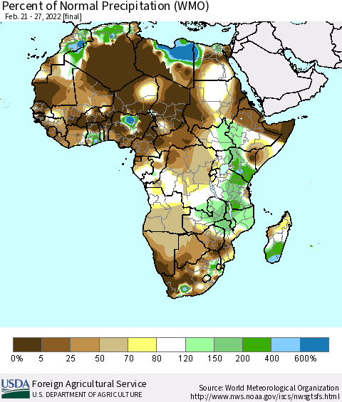 Africa Percent of Normal Precipitation (WMO) Thematic Map For 2/21/2022 - 2/27/2022
