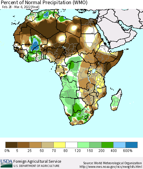 Africa Percent of Normal Precipitation (WMO) Thematic Map For 2/28/2022 - 3/6/2022