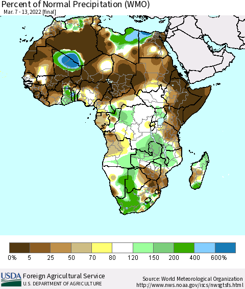 Africa Percent of Normal Precipitation (WMO) Thematic Map For 3/7/2022 - 3/13/2022