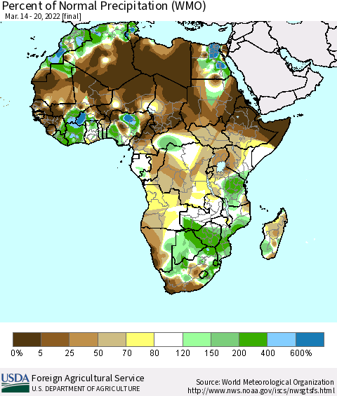 Africa Percent of Normal Precipitation (WMO) Thematic Map For 3/14/2022 - 3/20/2022