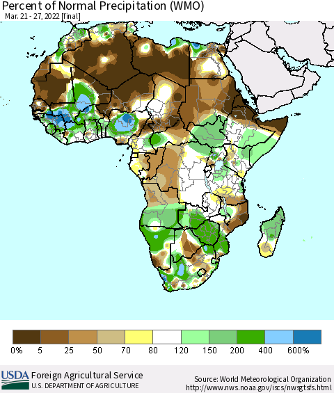 Africa Percent of Normal Precipitation (WMO) Thematic Map For 3/21/2022 - 3/27/2022
