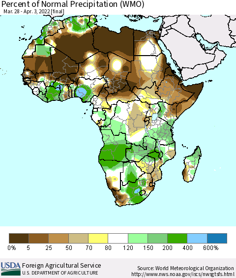 Africa Percent of Normal Precipitation (WMO) Thematic Map For 3/28/2022 - 4/3/2022